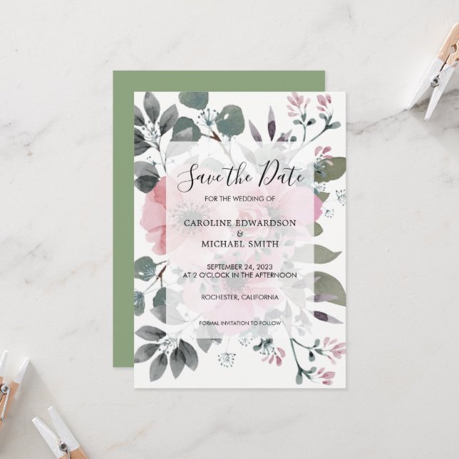 Invitación Floral rustica y elegante acuarela Guardar la fech (Anverso/Reverso In Situ)