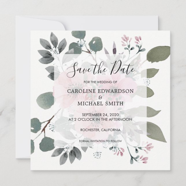 Invitación Floral rustica y elegante acuarela Guardar la fech (Anverso)