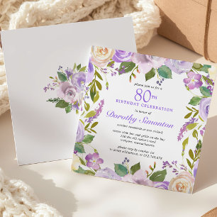 Invitación Floral Rústico Morado Bonito Cumpleaños 80