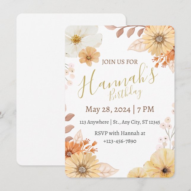 Invitación Floral Rústico para Mujeres – Flores Boho de Otoño (Anverso / Reverso)