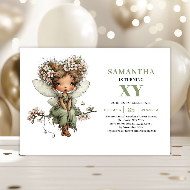 Invitación floral sabia para el cuarto cumpleaños  (Whimsy Fairy Girl 4th Birthday Sage Floral Invitation)