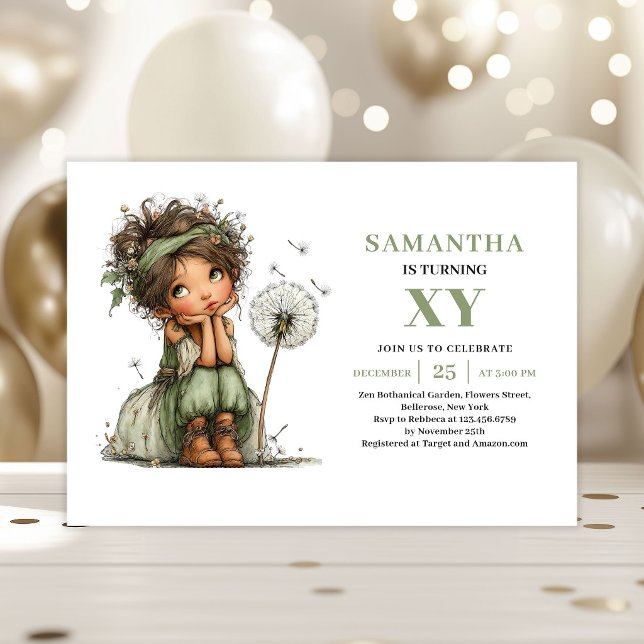 Invitación floral sabia para el quinto cumpleaños  (Cute Fairy Girl 5th Birthday Sage Floral Invitation)