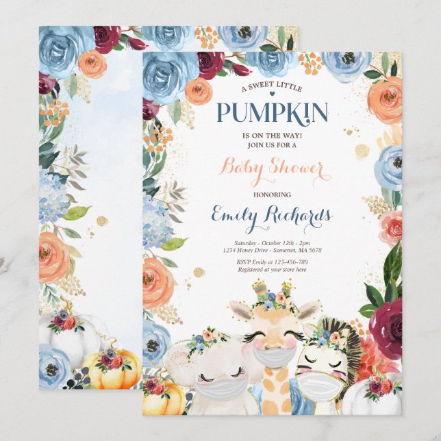 Invitación Floral Safari Animales Caen Calabaza Baby Shower (Anverso / Reverso)
