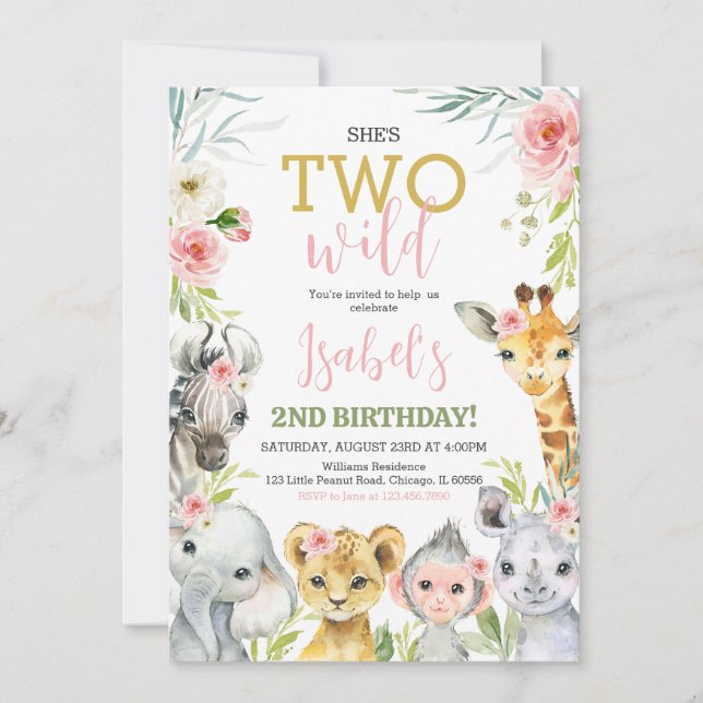 Invitación Floral Safari Animals Birthday Party (Anverso)
