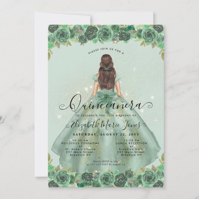 Invitación Floral Sage Green Gold Glam Princess Quinceanera (Anverso)