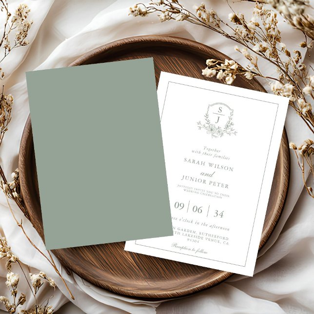Invitación Floral Sage Green Leafy Crest Monogram Wedding (Subido por el creador)