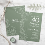 Invitación Floral Sage Green Surprise 40th Birthday Fiesta<br><div class="desc">Floral Sage Green Surprise 40th Birthday Party Invitation. Diseño moderno minimalista con acentos botánicos y tipo de letra de escritura tipográfica. Tarjeta de invitación simple perfecta para una elegante celebración de cumpleaños sorpresa femenina. Se puede personalizar a cualquier edad.</div>