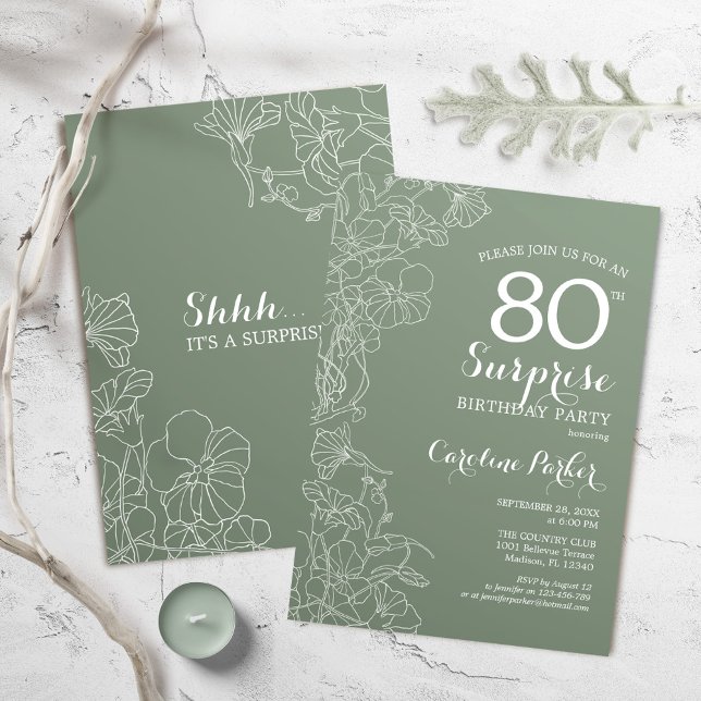 Invitación Floral Sage Green Surprise Fiesta de Cumpleaños 80 (Subido por el creador)