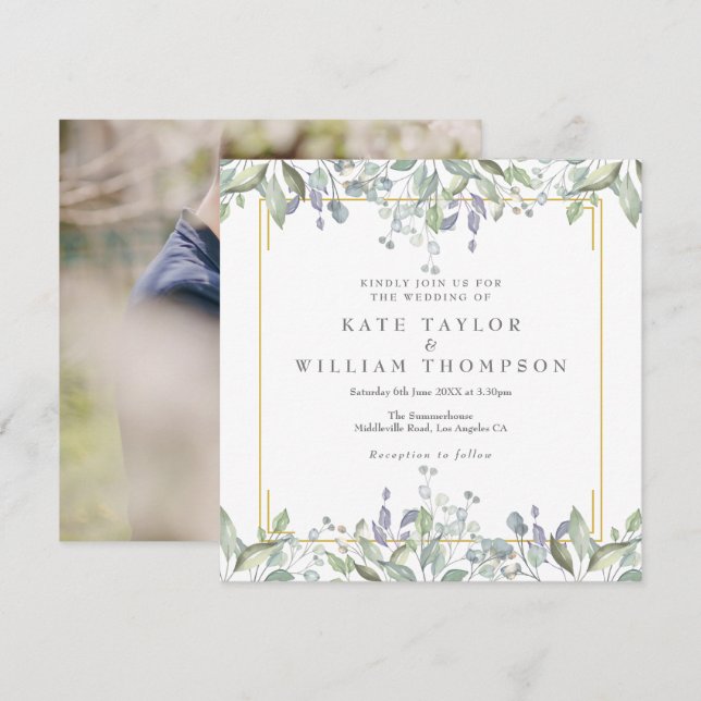 Invitación Floral Sage Lilac Greenery Square Boda Foto (Anverso / Reverso)