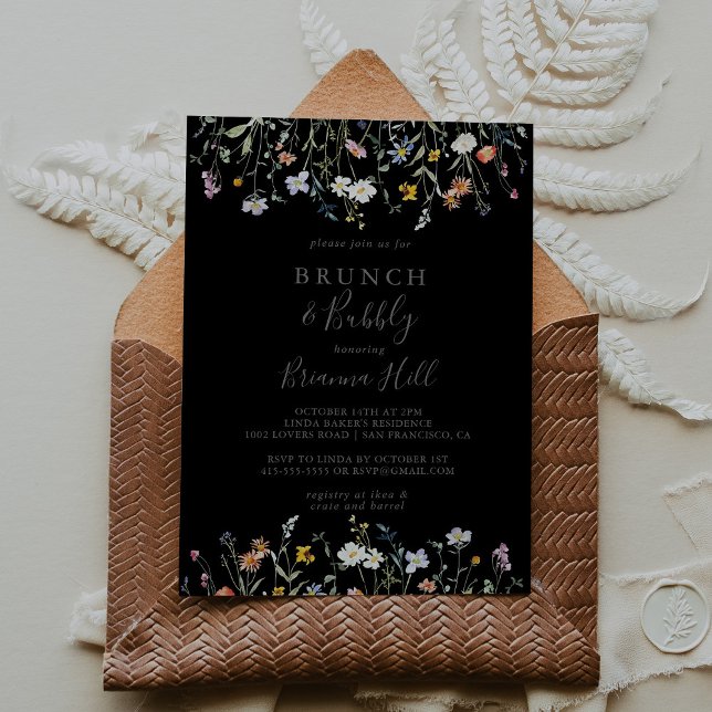 Invitación Floral salvaje Black Brunch Bubbly Bridal Shower (Subido por el creador)