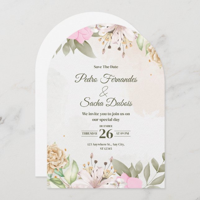 Invitación Floral Save The Date Invitation | Elegant Wedding  (Anverso / Reverso)