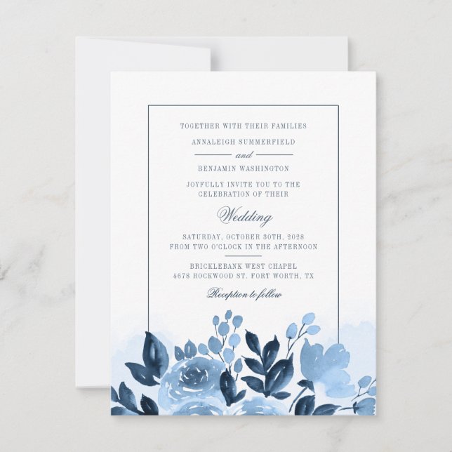 Invitación Floral Script azul acuarela Boda botánico (Anverso)