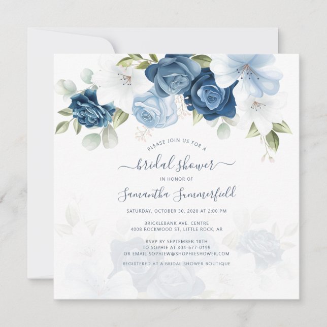Invitación Floral Script Foliage Dusty Blue Bridal Shower (Anverso)