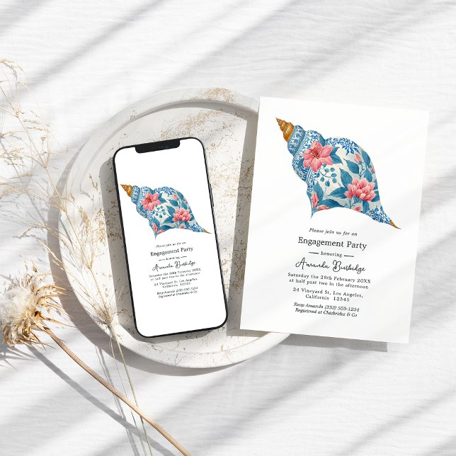 Invitación Floral Seashell Coastal Beach Engagement Party (Floral Seashell Coastal Beach Engagement Party Invitation)
