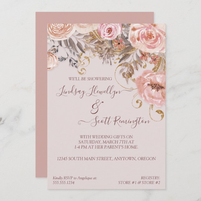 Invitación Floral seco Boho Rubor Rosa Gold Bridal Ducha (Anverso / Reverso)