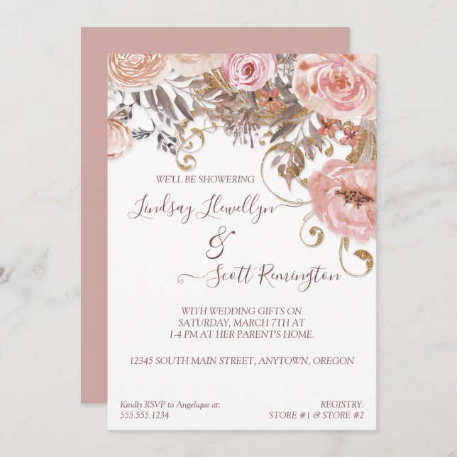 Invitación Floral seco Boho Rubor Rosa Gold Bridal Ducha (Anverso / Reverso)