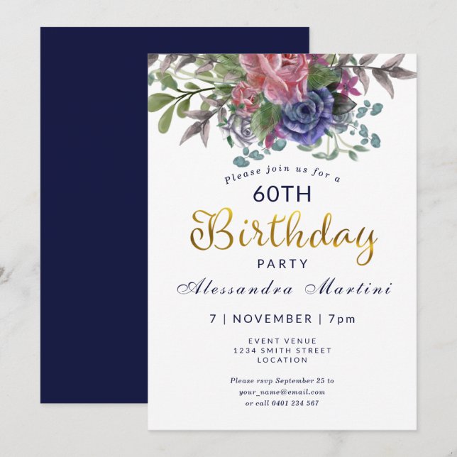 Invitación Floral Sesenta y fabuloso oro de rosa roja (Anverso / Reverso)