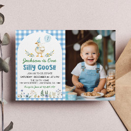 Invitación Floral Silly Goose Blue Balloon 1er cumpleaños Fot