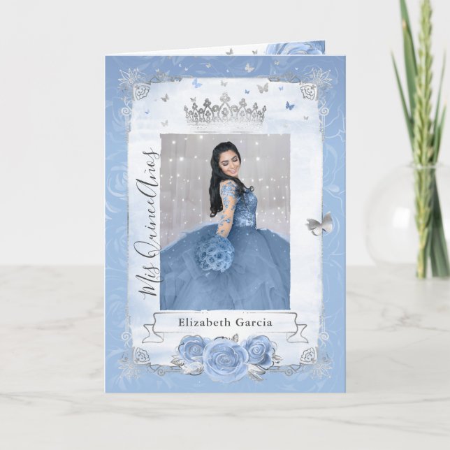 Invitación Floral Silver Baby Blue Quinceañera Photo plegado (Anverso)