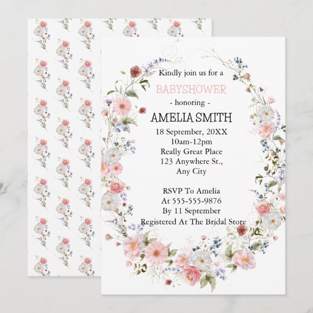 Invitación Floral silvestre Bouquet Babyducha (Anverso / Reverso)