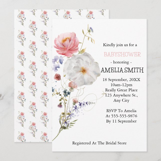 Invitación Floral silvestre Bouquet Babyducha (Anverso / Reverso)