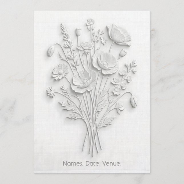 Invitación Floral silvestre con relieve falso blanco sobre bl (Anverso)