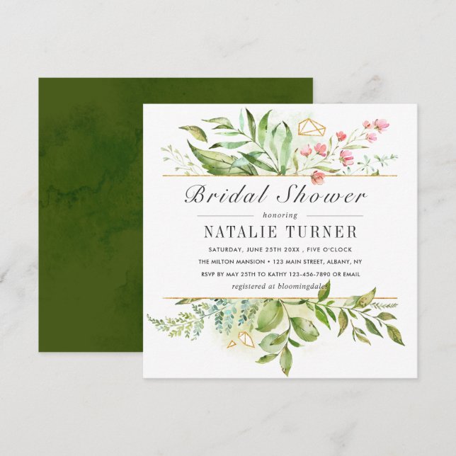 Invitación Floral silvestre Foliage Green Watercolor Bridal S (Anverso / Reverso)