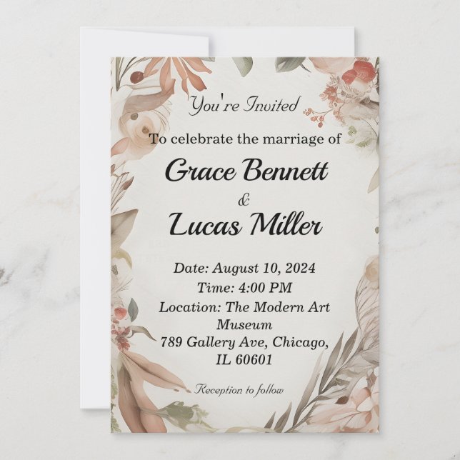 Invitación floral simple a una boda suave (Anverso)