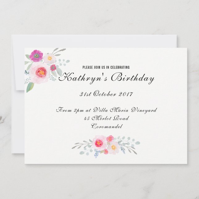 Invitación Floral simple pero elegante, acuarela peónica (Anverso)