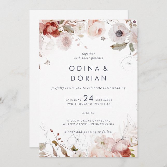 Invitación Floral simple todo en un Boda (Anverso / Reverso)