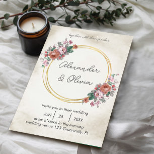 Invitación floral simple y elegante de oro / letra