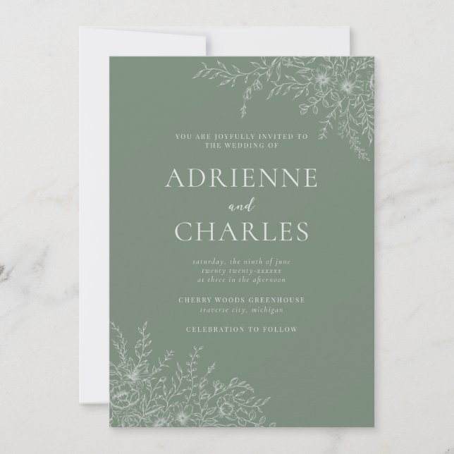 Invitación Floral Simplicity 1 Modern Green Minimal Wedding (Anverso)
