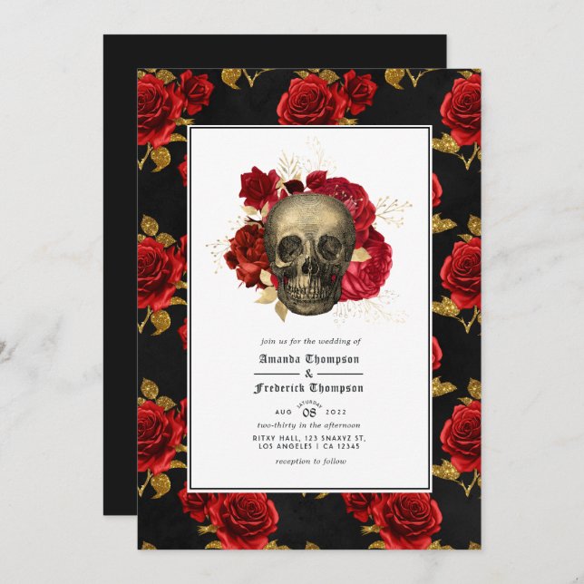 Invitación Floral Skull Boda gótico Foto (Anverso / Reverso)