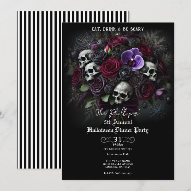 Invitación Floral Skull Bouquet Fiesta gótico de la cena de H (Anverso / Reverso)