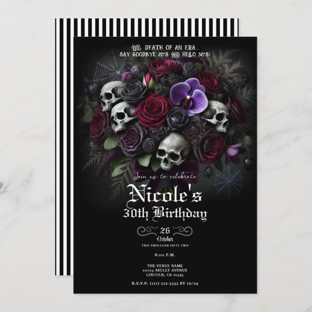 Invitación Floral Skull Bouquet Gothic Halloween Cumpleaños (Anverso / Reverso)