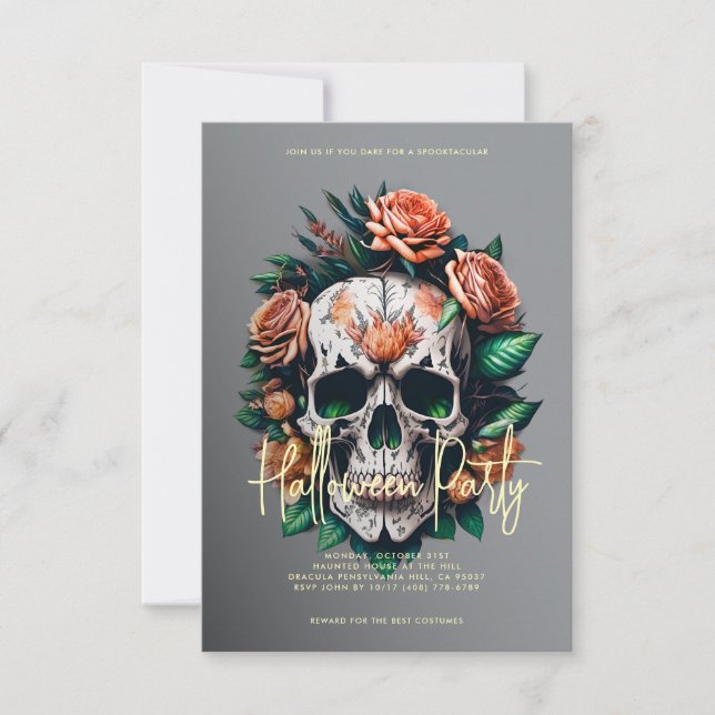 Invitación Floral Skull Grey Halloween Party (Anverso)