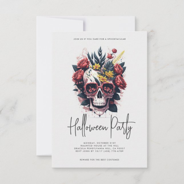 Invitación Floral Skull Halloween Party (Anverso)