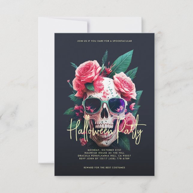 Invitación Floral Skull Halloween Party (Anverso)