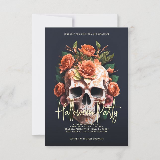 Invitación Floral Skull Halloween Party Oscuro Gris (Anverso)