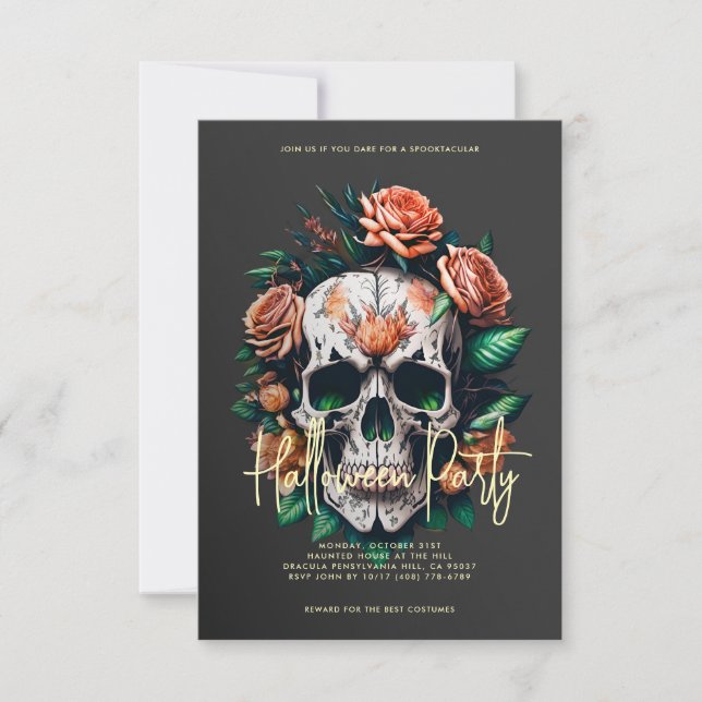 Invitación Floral Skull Oscuro Gray Halloween Party (Anverso)