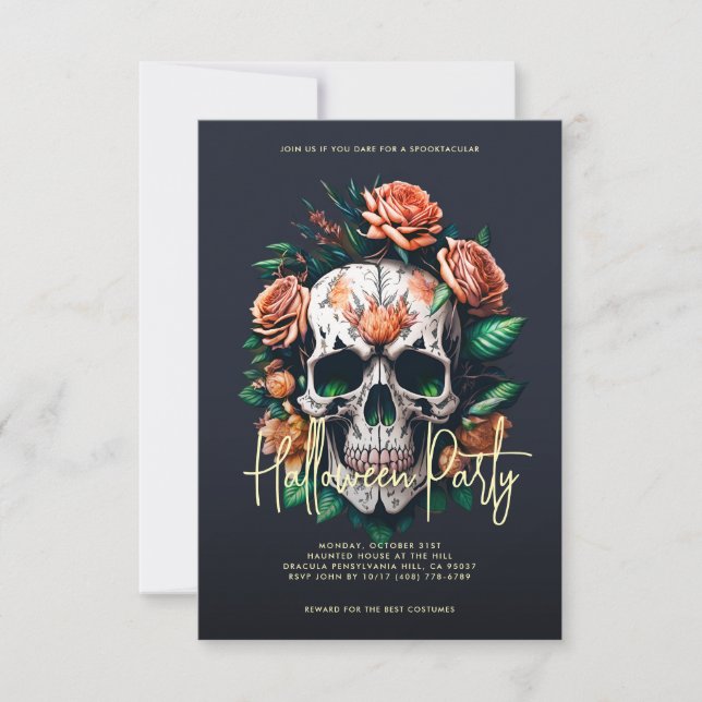 Invitación Floral Skull Oscuro Gray Halloween Party (Anverso)
