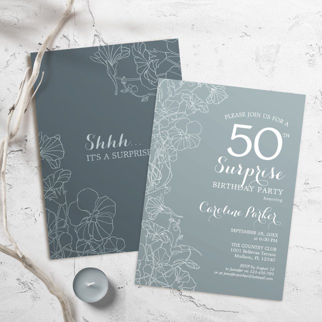 Invitación Floral Slate Blue Surprise Fiesta de 50 Años (Subido por el creador)