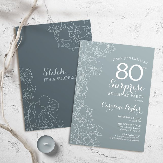 Invitación Floral Slate Blue Surprise Fiesta de cumpleaños nú (Subido por el creador)