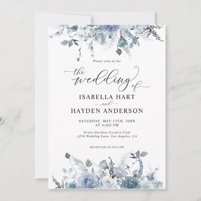 Invitación Floral Slate Dusty Boho Pastel Azul Pampas Boda (Anverso)