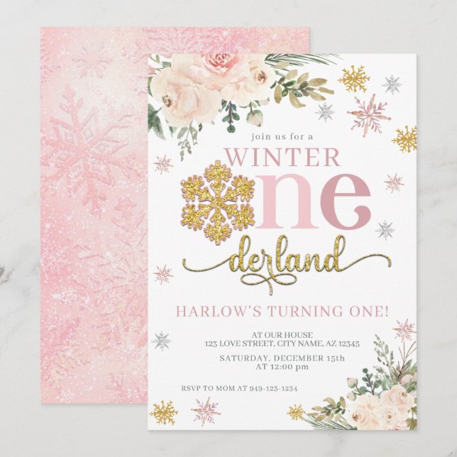 Invitación Floral Snowflake ONEderland Primer cumpleaños (Anverso / Reverso)
