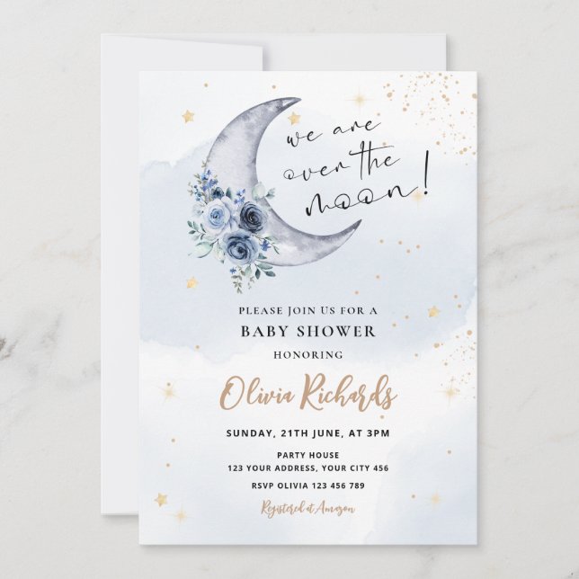 Invitación Floral sobre el Baby Shower de la Luna (Anverso)