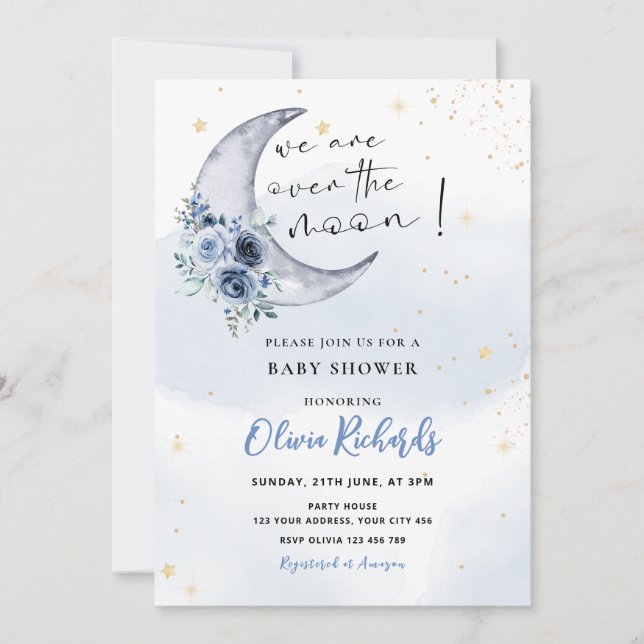 Invitación Floral sobre el Baby Shower de la Luna (Anverso)