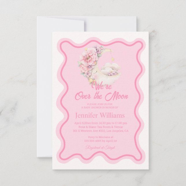 Invitación floral sobre la luna marea rosa ondulada arco de l (Anverso)
