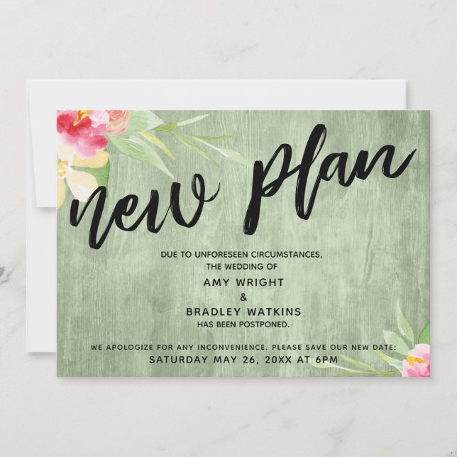 Invitación Floral sobre Madera Verde "Nuevo plan" pospuesto B (Anverso)