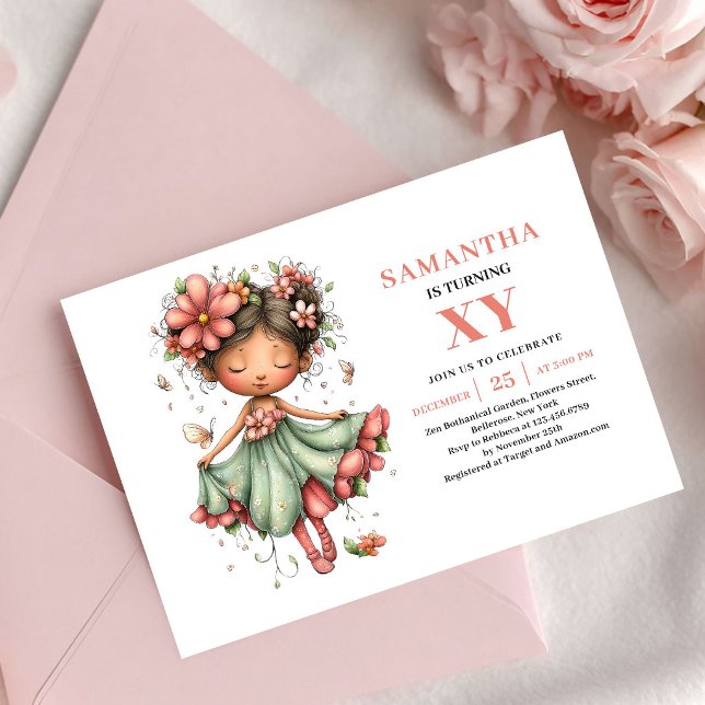 Invitación floral sonrojada de cumpleaños de niña  (Romantic Fairy Girl Birthday Blush Floral invitation)
